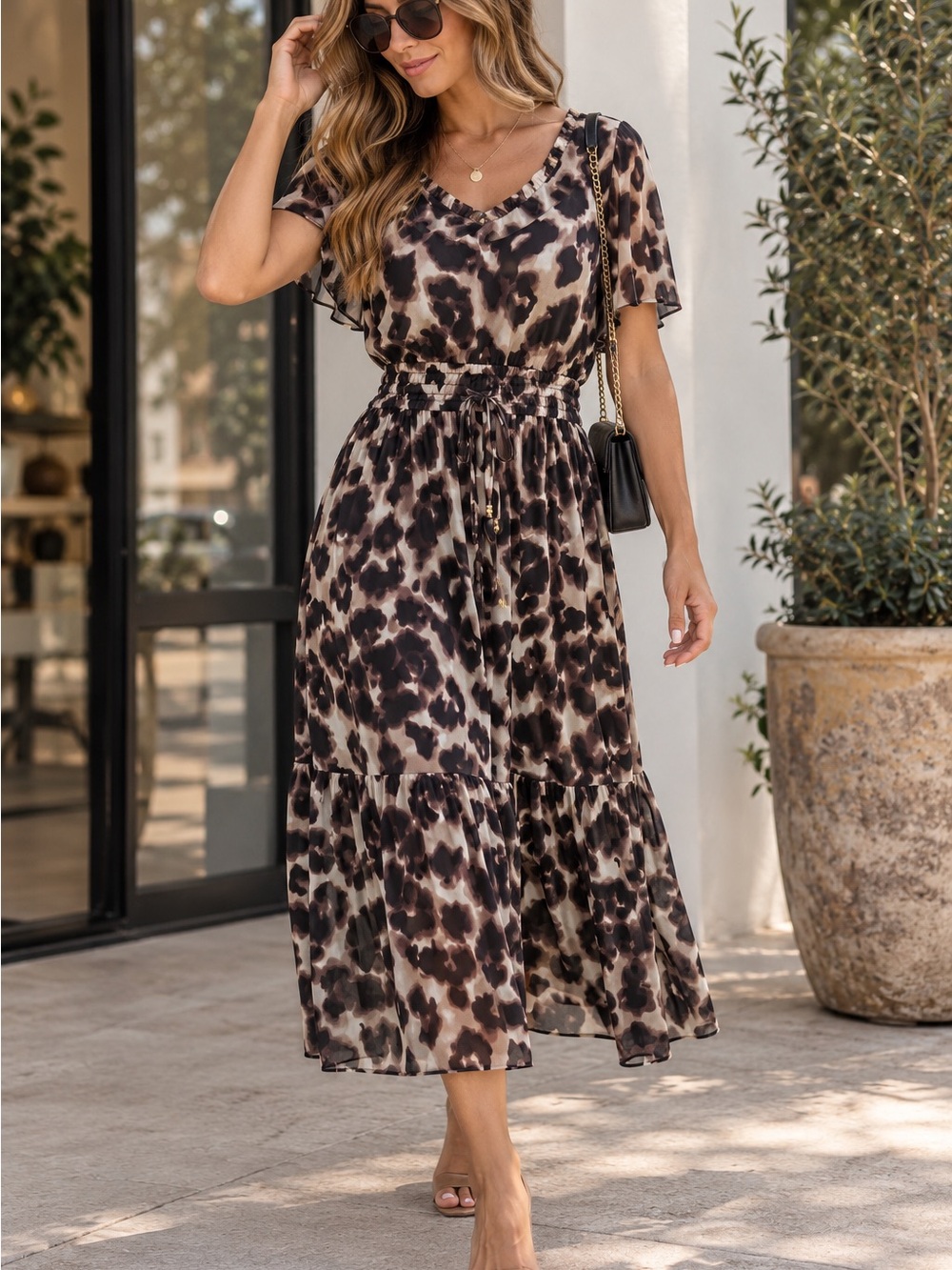C. Wonder Brown and Black Leopard Print Midi Dress